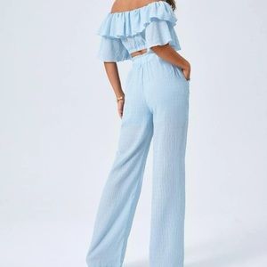 Off shoulder crop top & paper bag waist flare leg pants set